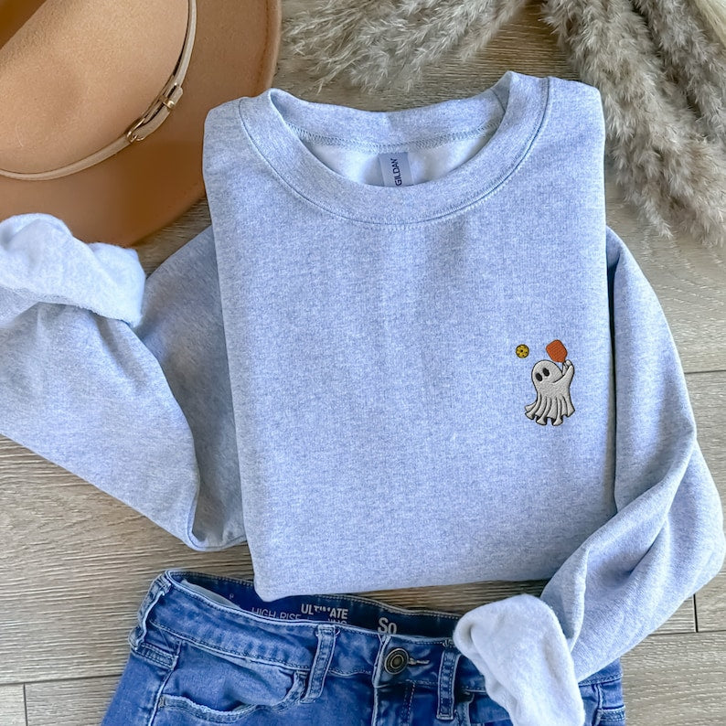 Embroidered Ghost Pickleball Sweatshirt Halloween Ghost Pickleball Sweater Ghost Playing Pickleball Crewneck Halloween Embroidery 1723694152602.jpg
