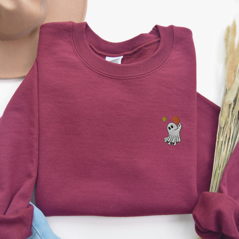 Embroidered Ghost Pickleball Sweatshirt Halloween Ghost Pickleball Sweater Ghost Playing Pickleball Crewneck Halloween Embroidery 1723694152857.jpg