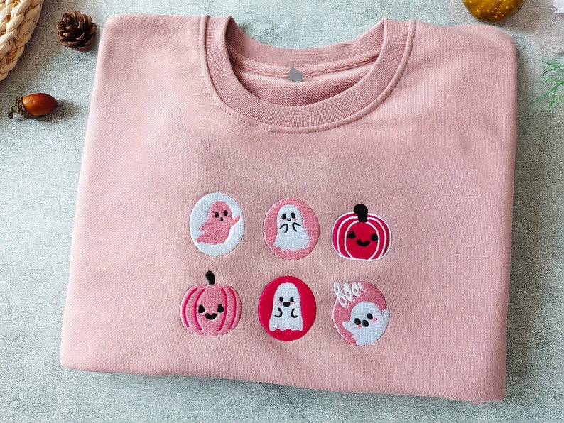Halloween Cookies Boo Embroidered Sweatshirt Pink Spooky Season Crewneck Sweatshirt Ghost And Pumpkin Embroideredhalloween Sweatshirt 1725522612663.jpg