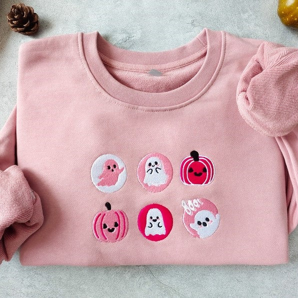 Halloween Cookies Boo Embroidered Sweatshirt Pink Spooky Season Crewneck Sweatshirt Ghost And Pumpkin Embroideredhalloween Sweatshirt 1725522612664.jpg