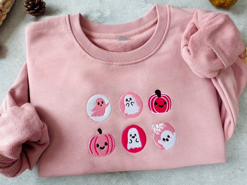 Halloween Cookies Boo Embroidered Sweatshirt Pink Spooky Season Crewneck Sweatshirt Ghost And Pumpkin Embroideredhalloween Sweatshirt 1725522612744.jpg