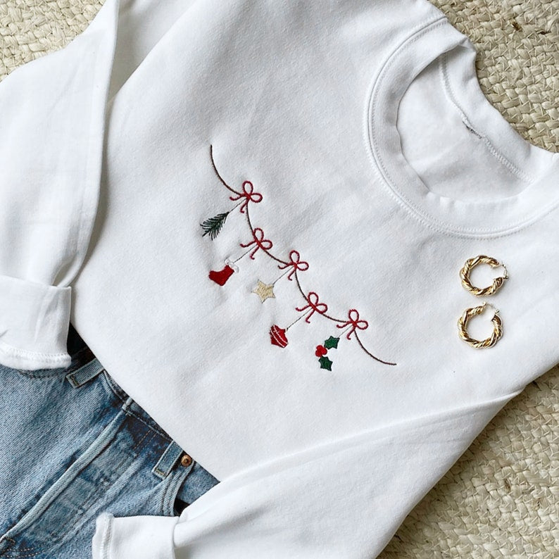 Traditional Christmas Garland Embroidered Sweatshirt  Nostalgic Christmas Crewneck  Festive Holiday Top  Gifts Under 35 1726713863270.jpg