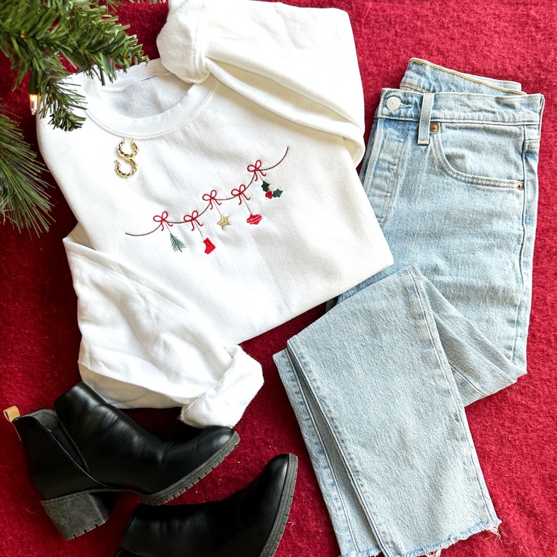 Traditional Christmas Garland Embroidered Sweatshirt  Nostalgic Christmas Crewneck  Festive Holiday Top  Gifts Under 35 1726713863305.jpg