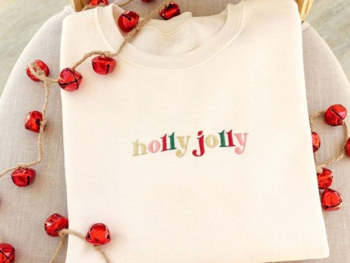 Holly Jolly Retro Embroidered Crewneck Sweatshirt Or T Shirt Christmas Colorful Winter Vintage Wash Tee Secret Santa Gift 1726730183782.jpg