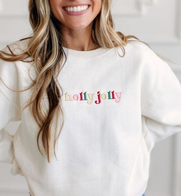 Holly Jolly Retro Embroidered Crewneck Sweatshirt Or T Shirt Christmas Colorful Winter Vintage Wash Tee Secret Santa Gift 1726730183879.jpg