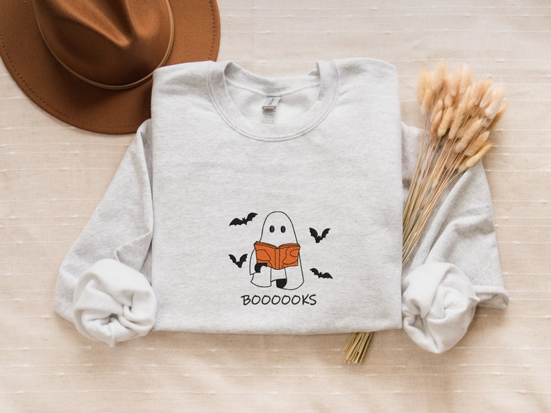 Embroidered Booooks Sweatshirt Librarian Sweatshirt Halloween Book Sweatshirt Ghost Reading Crewneck Book Lovers Halloween Gift 1726818395122.jpg
