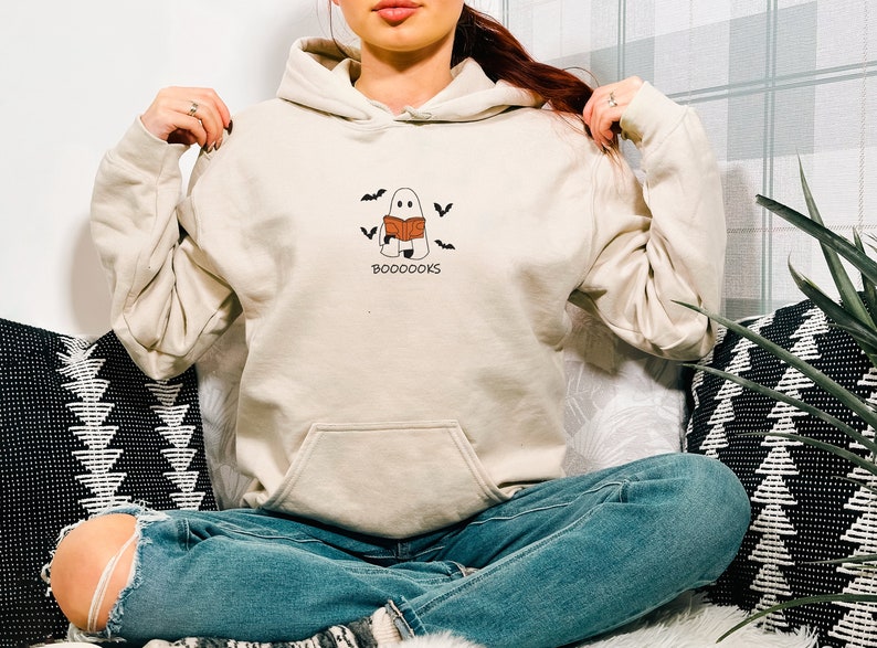Embroidered Booooks Sweatshirt Librarian Sweatshirt Halloween Book Sweatshirt Ghost Reading Crewneck Book Lovers Halloween Gift 1726818395497.jpg