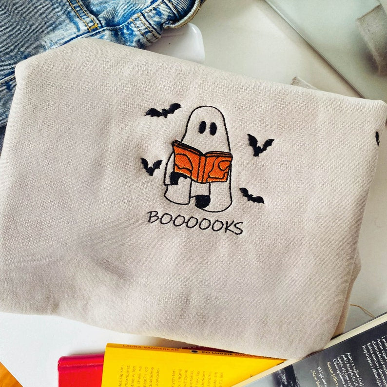 Embroidered Booooks Sweatshirt Librarian Sweatshirt Halloween Book Sweatshirt Ghost Reading Crewneck Book Lovers Halloween Gift 1726818395997.jpg