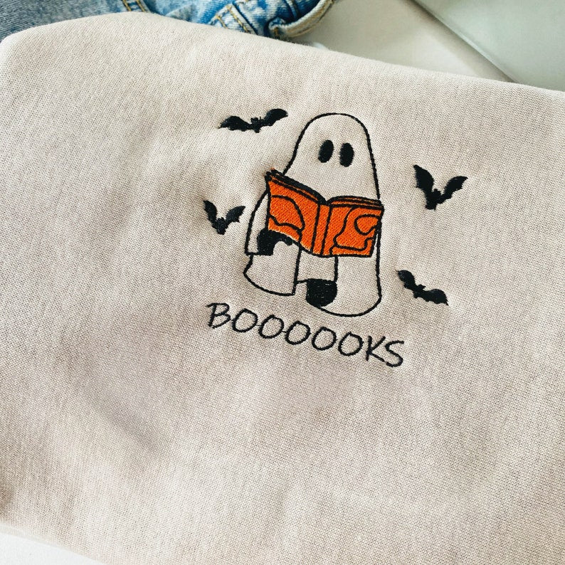 Embroidered Booooks Sweatshirt Librarian Sweatshirt Halloween Book Sweatshirt Ghost Reading Crewneck Book Lovers Halloween Gift 1726818396010.jpg