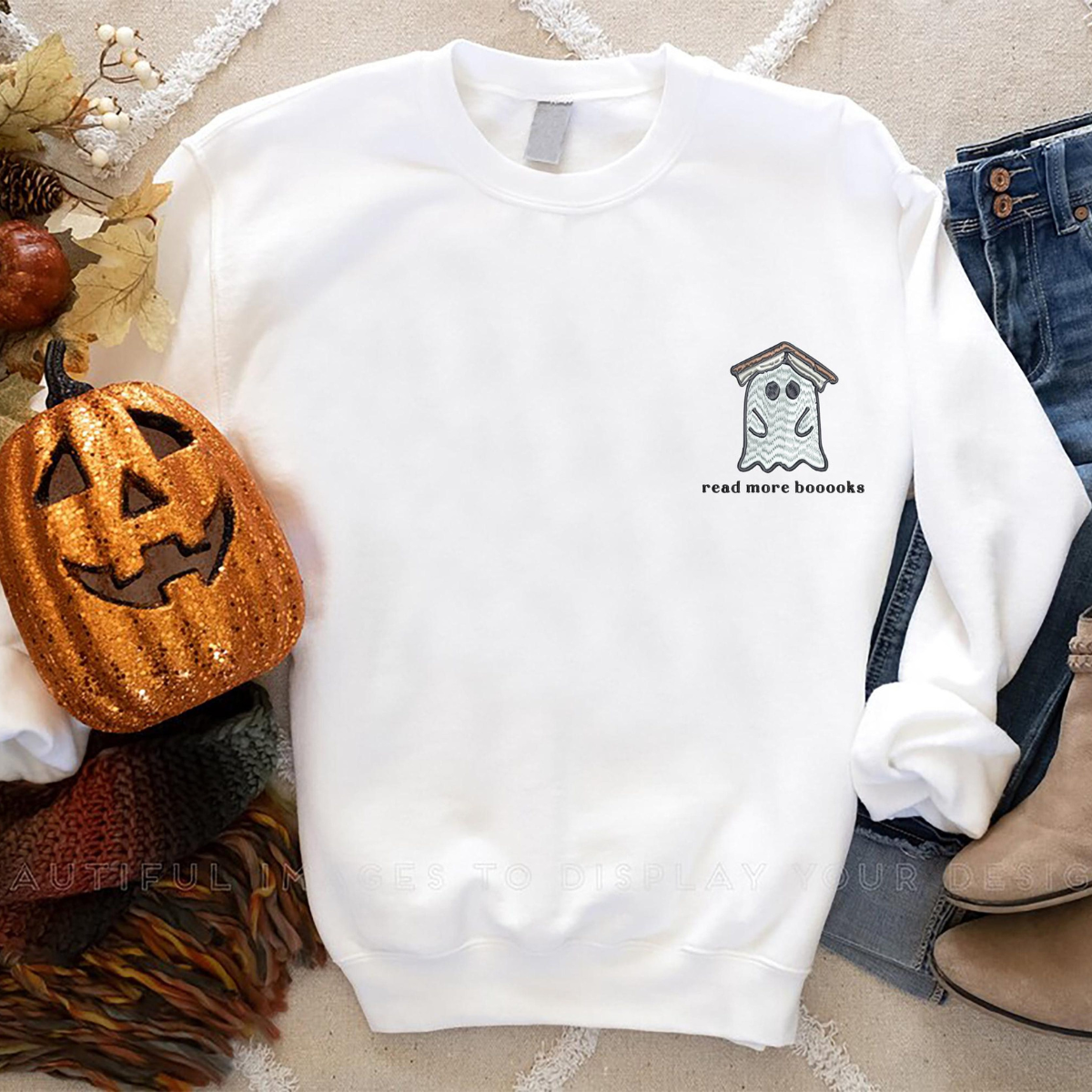 Embroidered Teachers Halloween Sweatshirt Embroidery Read More Books Sweater Halloween Gift For Book Lover Reader Ghost Sweatshirt 1726818760849.png