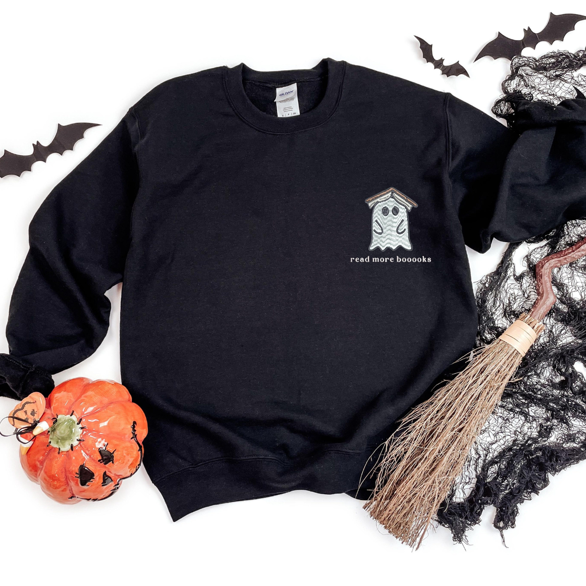 Embroidered Teachers Halloween Sweatshirt Embroidery Read More Books Sweater Halloween Gift For Book Lover Reader Ghost Sweatshirt 1726818760853.png