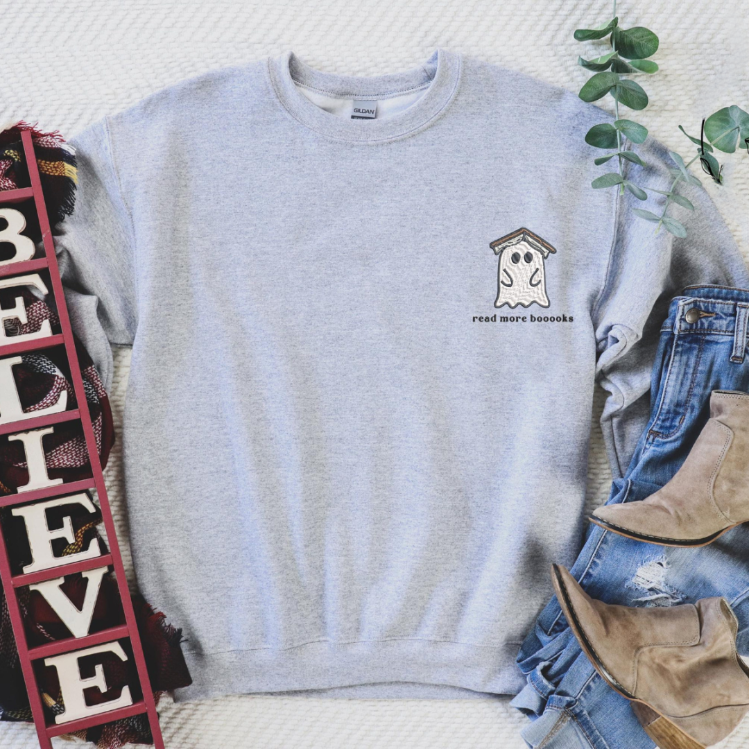 Embroidered Teachers Halloween Sweatshirt Embroidery Read More Books Sweater Halloween Gift For Book Lover Reader Ghost Sweatshirt 1726818761031.png