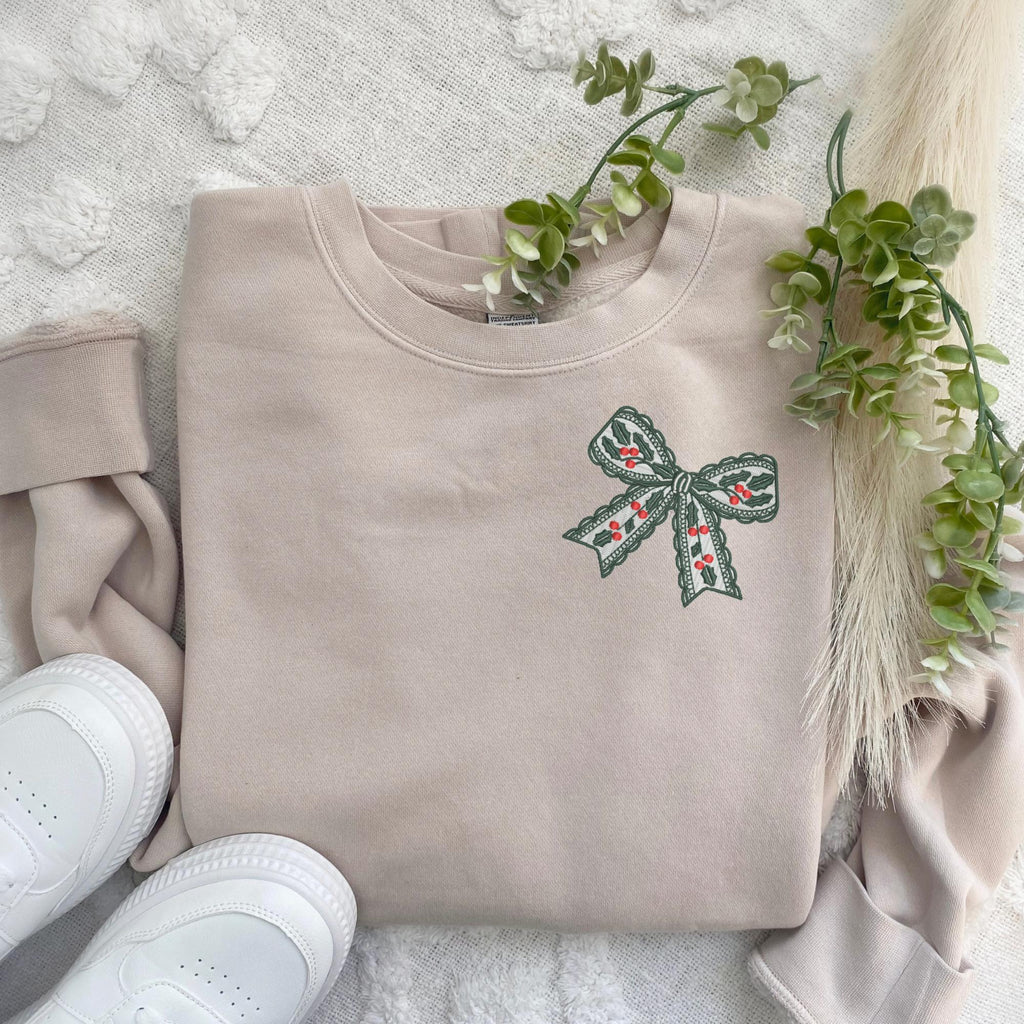 Embroidered Lacy Holly And Berries Bow Crewneck Sweatshirt High Quality Pigment Dyed Holiday Pullover Vintage Coquette Christmas Sweater 1728639129404.jpg