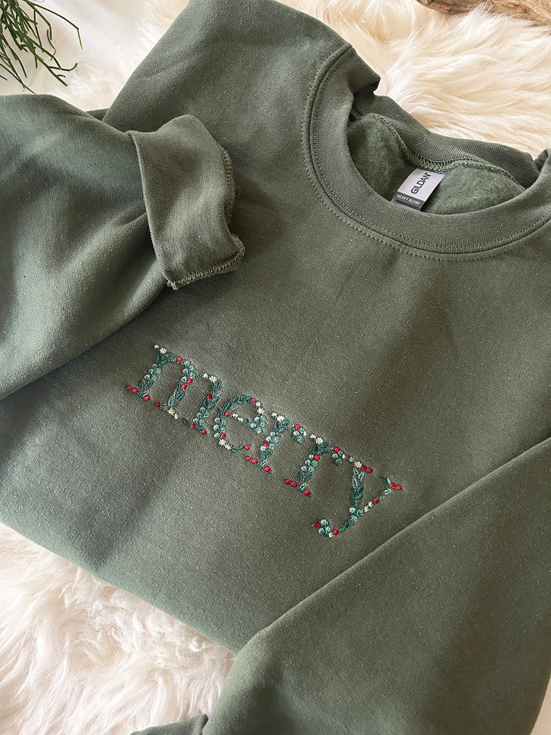 Embroidered Floral Merry Christmas Sweatshirt Embroidered Christmas Crewneck Sweatshirt Embroidered Floral Sweater Custom Xmas Gift 1729220045413.jpg