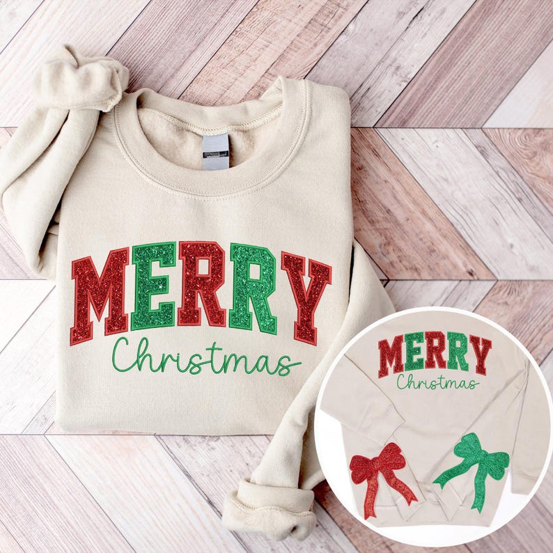 Merry And Bright Embroidered Side Bow Sweatshirt Side Bow Applique Sweatshirt Side Bow Applique Sweatshirt Christmas Trendy Coquette Bow 1730704833578.jpg