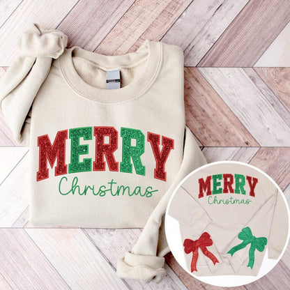 Merry And Bright Embroidered Side Bow Sweatshirt Side Bow Applique Sweatshirt Side Bow Applique Sweatshirt Christmas Trendy Coquette Bow 1730704833578.jpg
