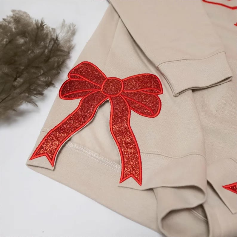Merry And Bright Embroidered Side Bow Sweatshirt Side Bow Applique Sweatshirt Side Bow Applique Sweatshirt Christmas Trendy Coquette Bow 1730704833605.jpg