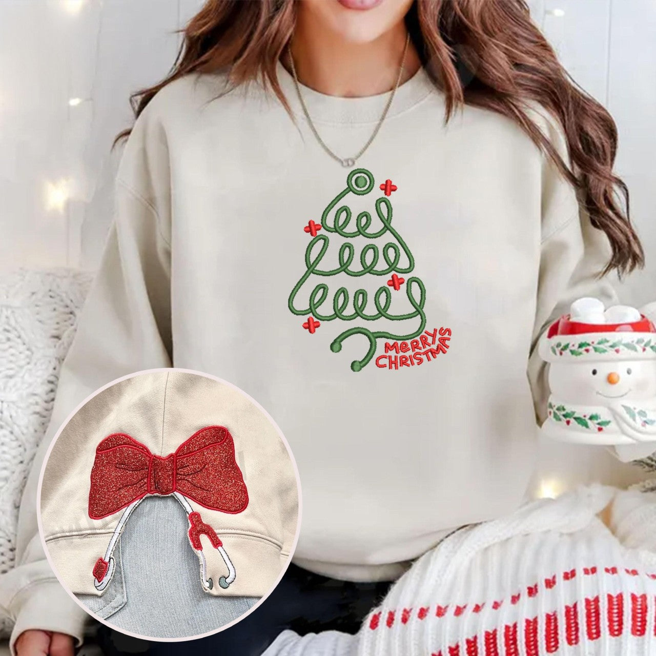 Embroidered Merry Christmas Stethoscope Side Bow Sweatshirt Side Bow Glitter Sweatshirt Trendy Coquette Bow Retro Stethoscope Tree Shirts 1732245315817.jpg