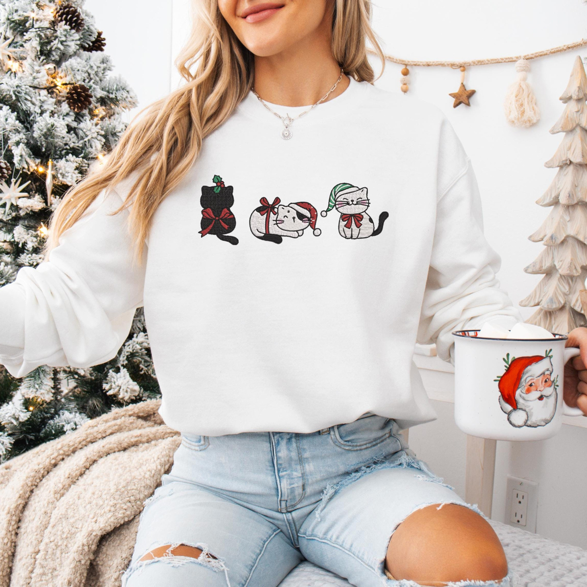 Cute Cat Christmas Embroidered Sweatshirt Cat Lover Gift For Christmas Cat Mommy Shirt Winter Shirt Cat Lover Embroidered Sweatshirt 1732332378652.png
