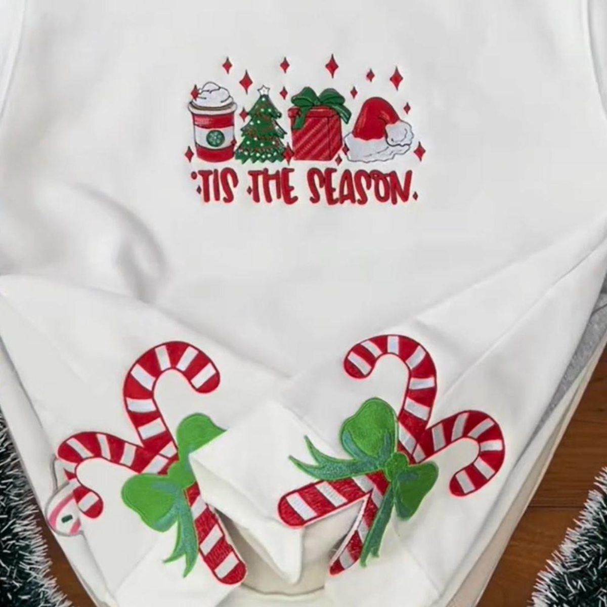 Tis The Season Embroidered Side Bow Glitter Sweatshirt Candy Cane Side Bow Sweatshirt Side Bow Applique Sweatshirt Trendy Coquette Bow 1732336040520.png
