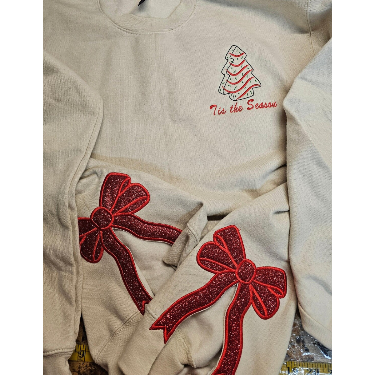 Merry Side Bow Embroidered Sweatshirt Glitter Christmas Sweatshirt Side Bow Applique Hoodie Christmas Bow Shirttis The Season Shirt 1732519675765.png