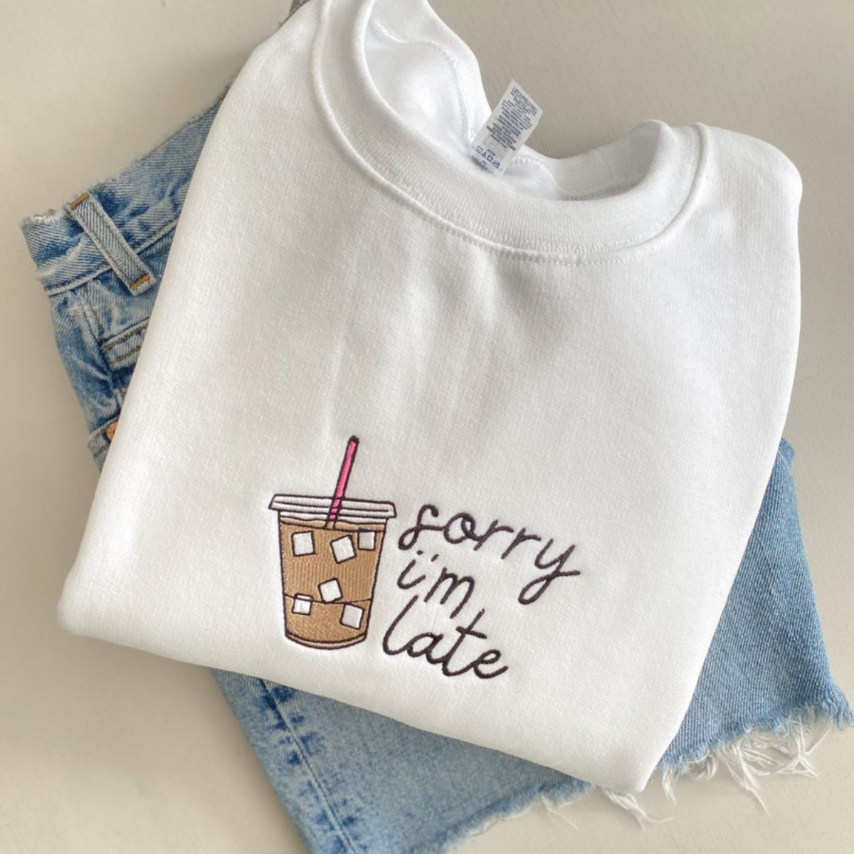 Sorry Im Late Iced Coffee Crewneck   Embroidered Sweatshirt Coffee Crewneck Cozy Pullover 1732592051144.png