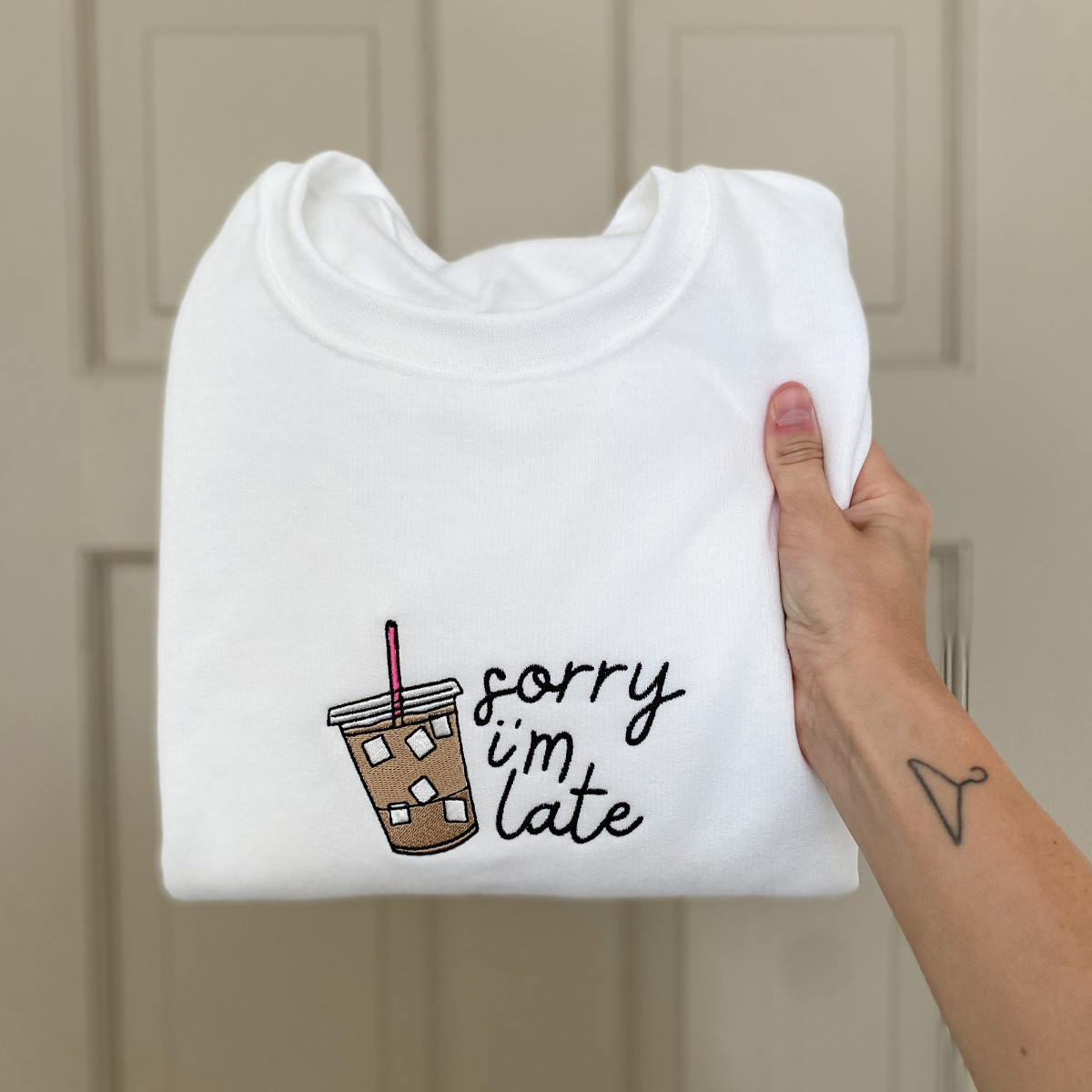 Sorry Im Late Iced Coffee Crewneck   Embroidered Sweatshirt Coffee Crewneck Cozy Pullover 1732592051149.png