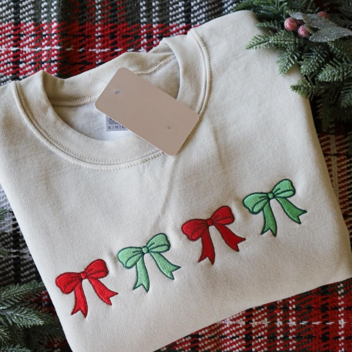 Red And Green Embroidered Bows Christmas Crewneck   Christmas Sweatshirt Holiday Sweatshirt Christmas Bows Gift For Christmas 1732593175139.png