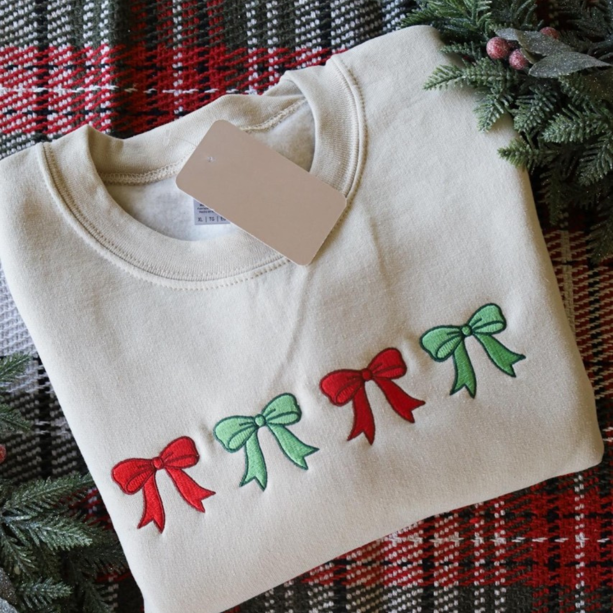 Red And Green Embroidered Bows Christmas Crewneck   Christmas Sweatshirt Holiday Sweatshirt Christmas Bows Gift For Christmas 1732593175140.png