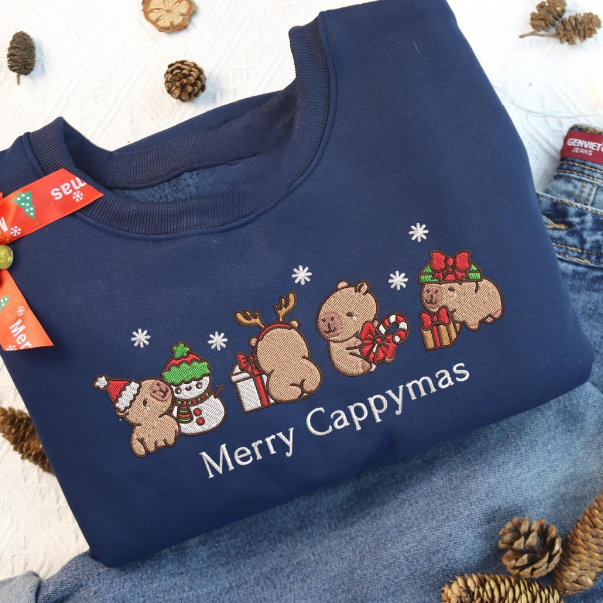 Capybara Merry Christmas Embroidered Crewneck Sweatshirt Capybara Holiday Shirts For Women Capybara Santa Xmas Light Sweater Xmas Gifts 1732849940940.png