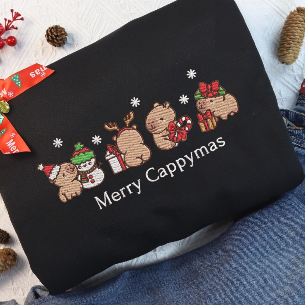 Capybara Merry Christmas Embroidered Crewneck Sweatshirt Capybara Holiday Shirts For Women Capybara Santa Xmas Light Sweater Xmas Gifts 1732849941010.png