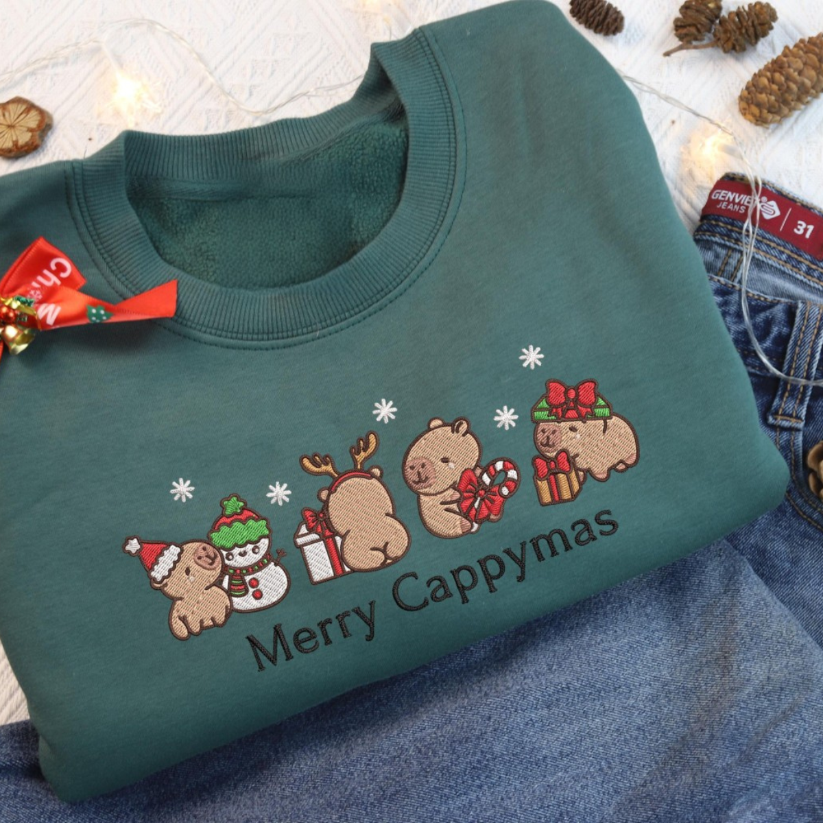 Capybara Merry Christmas Embroidered Crewneck Sweatshirt Capybara Holiday Shirts For Women Capybara Santa Xmas Light Sweater Xmas Gifts 1732849941072.png