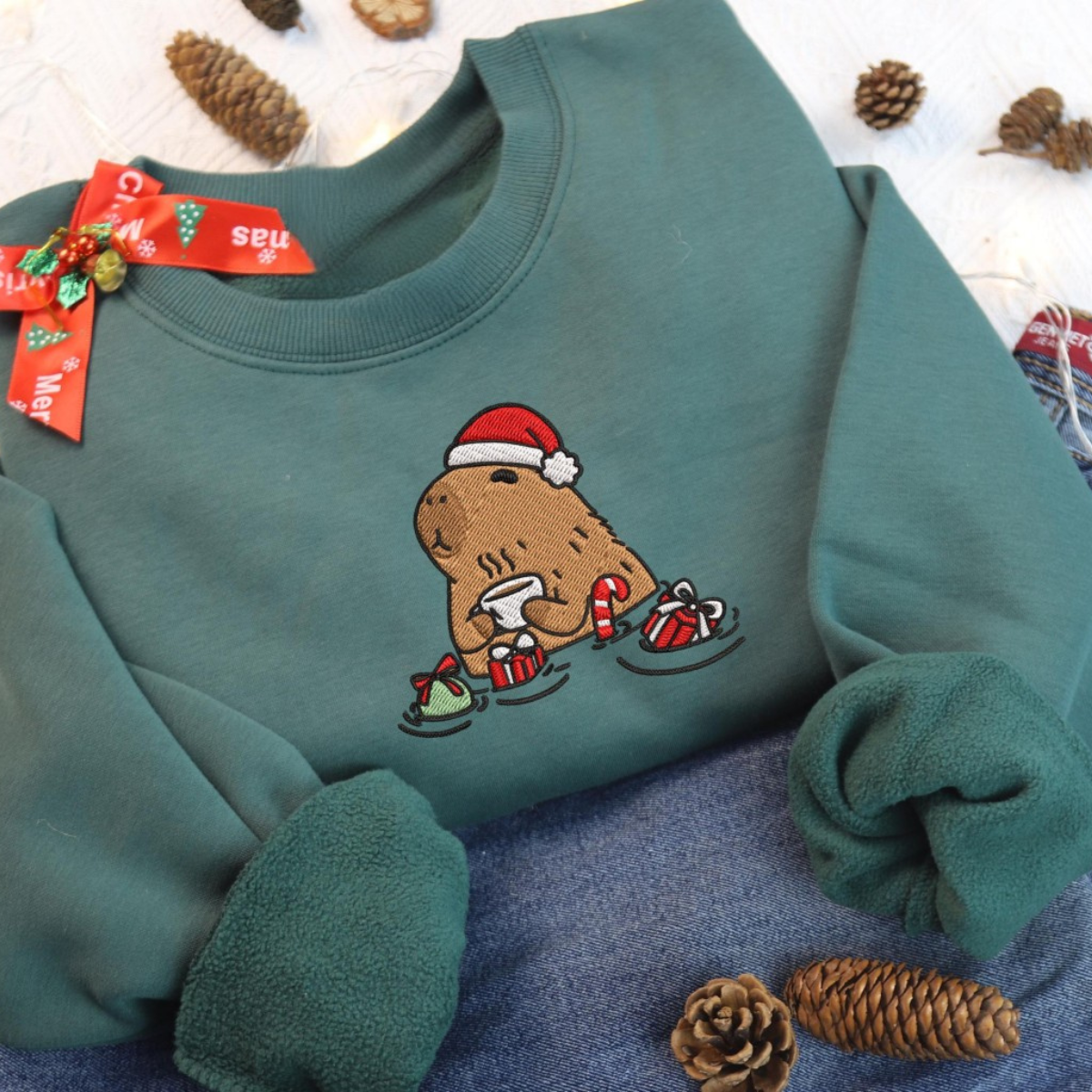 Coffee Capybara Christmas Embroidered Sweatshirt Coffeebara Holiday Shirt For Woman Merry Xmas Capybara Light Sweater Capybara Lover Gift 1732851017475.png