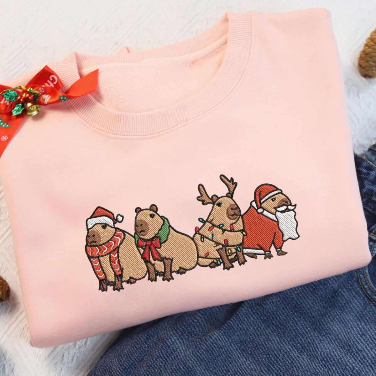 Capybara Merry Christmas Embroidered Sweatshirt Capybara Holiday Shirts Capybara Santa Xmas Light Sweater Xmas Gifts 1732851951715.png