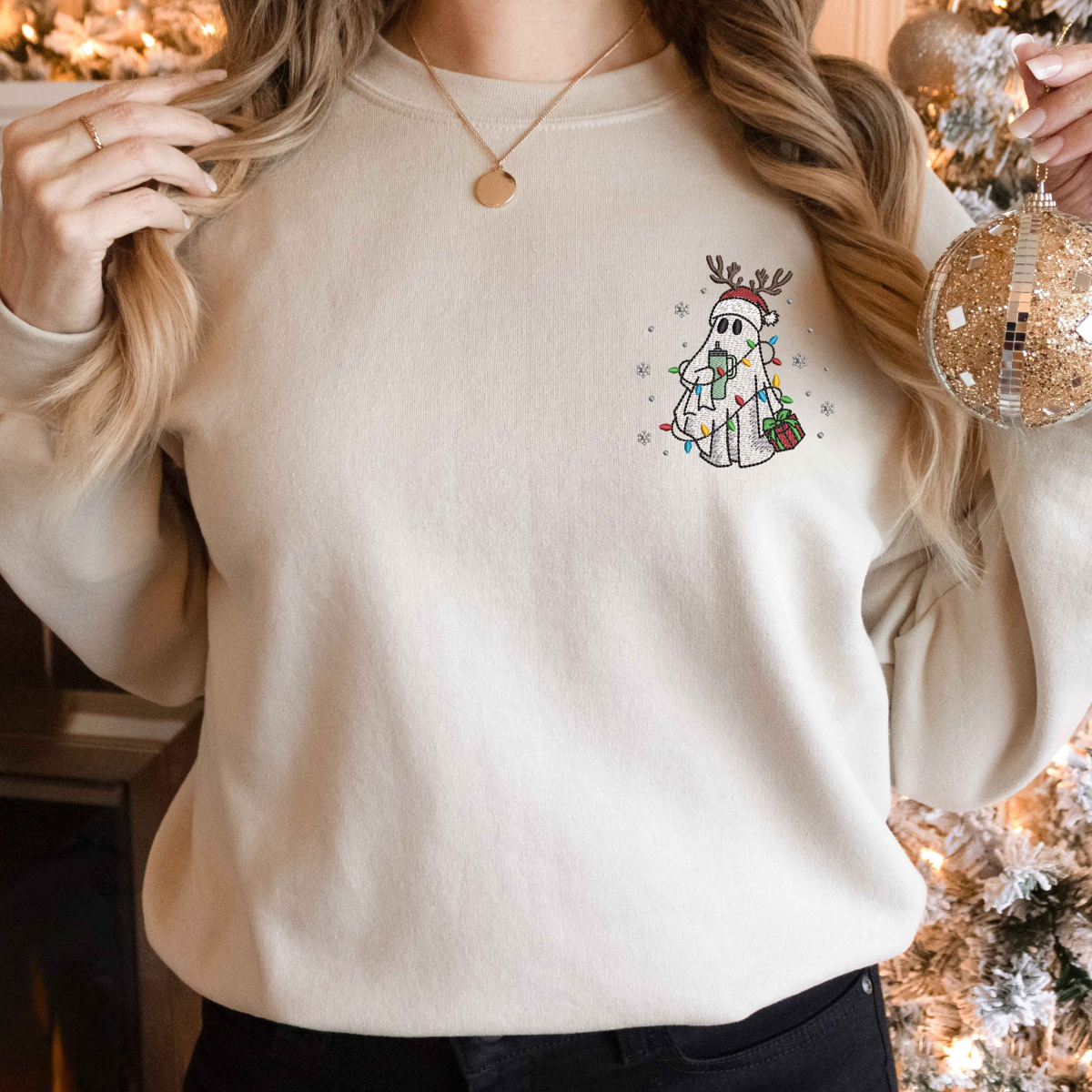 Embroidered Ghost Sweatshirt Christmas Ghost Embroidered Shirt Christmas Sweatshirt Christmas Embroidered Hoodie Little Ghost Coffee 1732932284282.png