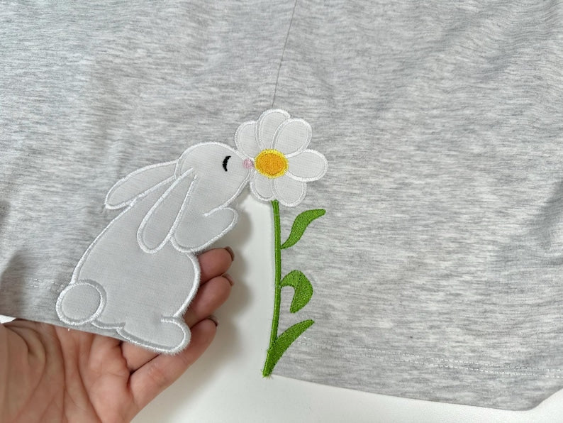 Cute Little Easter Bunny With Flower Side Seam Cutout Side Bow Applique Machine Embroidery Shirts Farm Animal Tshirt Sweatshirt Embroidery 1739930676371.jpg