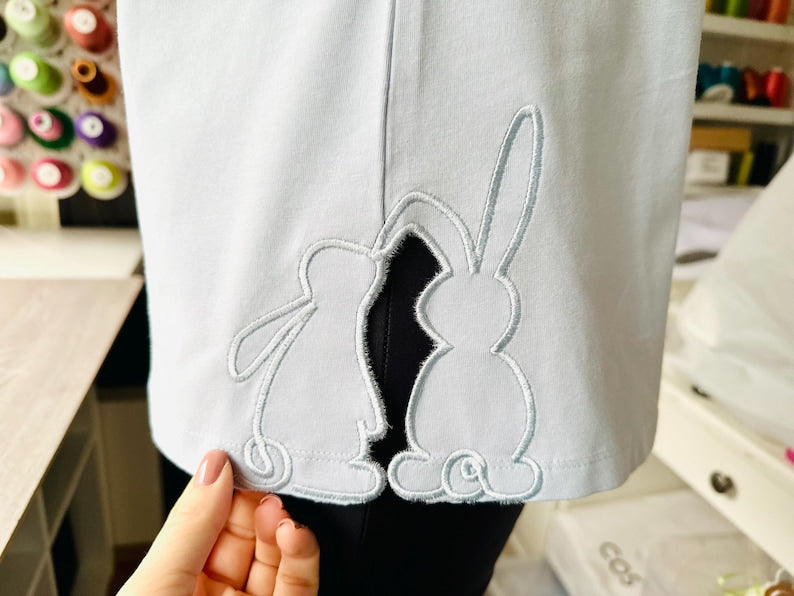 Easter Bunny Two Bunnies Split Side Seam Cutout Side Bow Applique Machine Embroidery Shirt Trendy Farm Animal Tshirt Sweatshirt Embroidery 1739931106312.jpg
