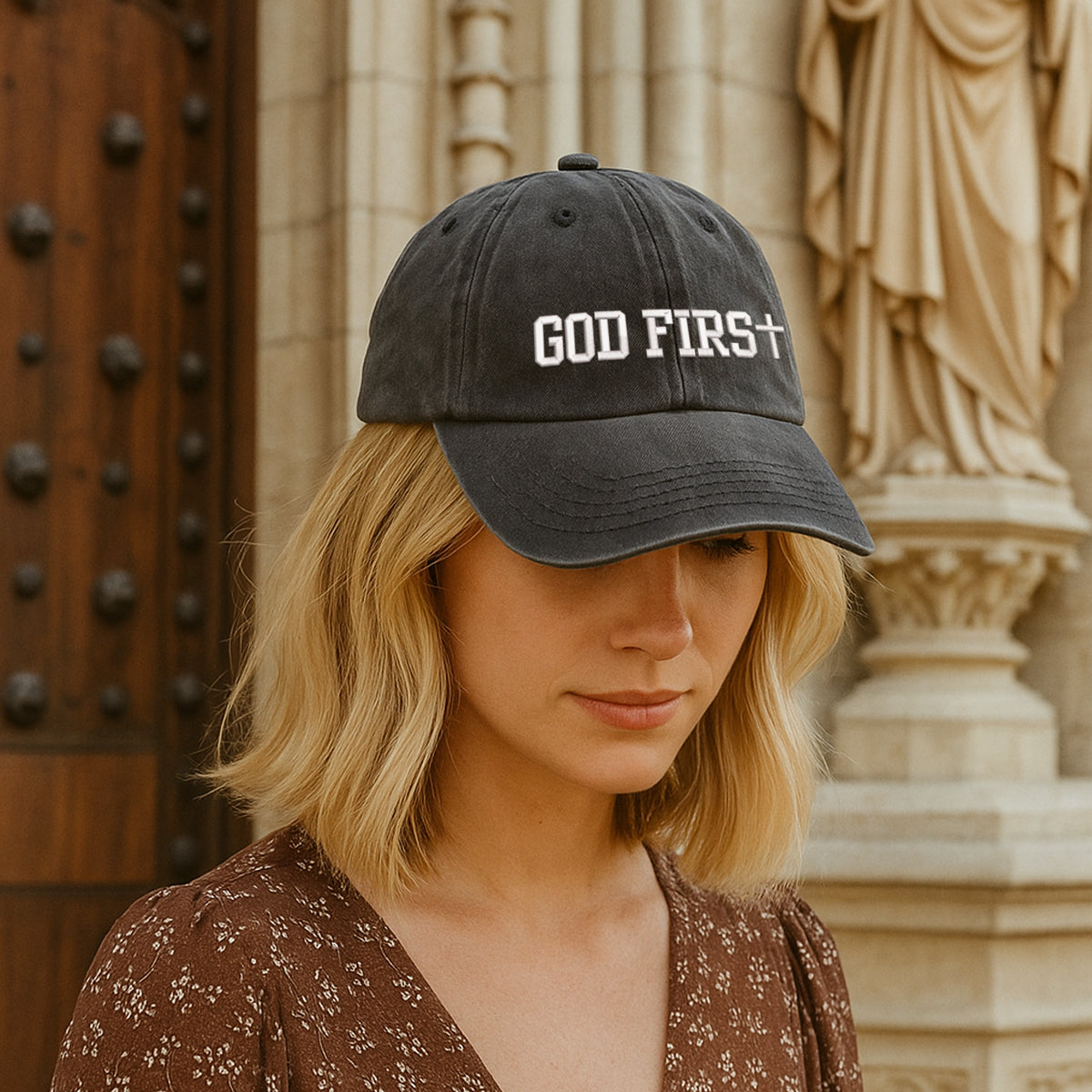 Embroidered God First Hat For Women Men Adjustable Vintage Washed Cotton Christian Baseball Cap Womens Embroidery Baseball Cap 1747902563136.jpg