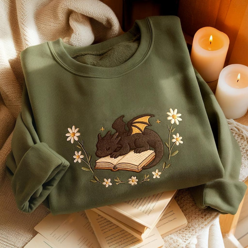 Dragon Book Embroidered Sweatshirt Fantasy Book Reader Sweatshirt Cottagecore Sweater Book Addicted Shirt Dragon Shirt Bookworm Shirt 1752051386413.jpg