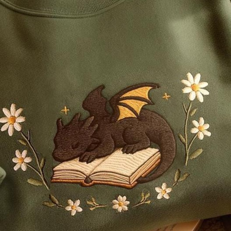 Dragon Book Embroidered Sweatshirt Fantasy Book Reader Sweatshirt Cottagecore Sweater Book Addicted Shirt Dragon Shirt Bookworm Shirt 1752051402168.jpg