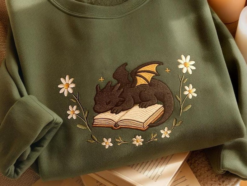 Dragon Book Embroidered Sweatshirt Fantasy Book Reader Sweatshirt Cottagecore Sweater Book Addicted Shirt Dragon Shirt Bookworm Shirt 1752051402736.jpg