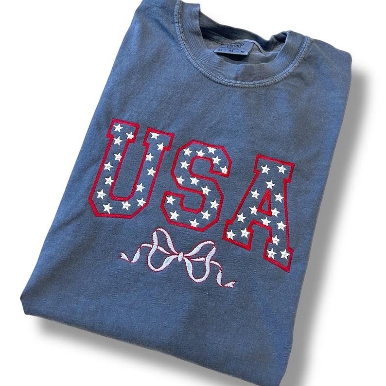 Usa Embroidered Patriotic Tshirt   Coquette Usa Bow T Shirt   Fourth Of July Stars Shirt 1752224941956.jpg
