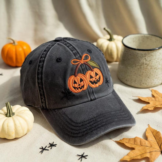 Embroidered Pumpkin Cherries Autumn Girly Cap Halloween Pumpkin Hat Fall Pumpkin Cap Pumpkin Cheeries Coquette Hat Fall Cap Girly Hat 1754643370217.jpg