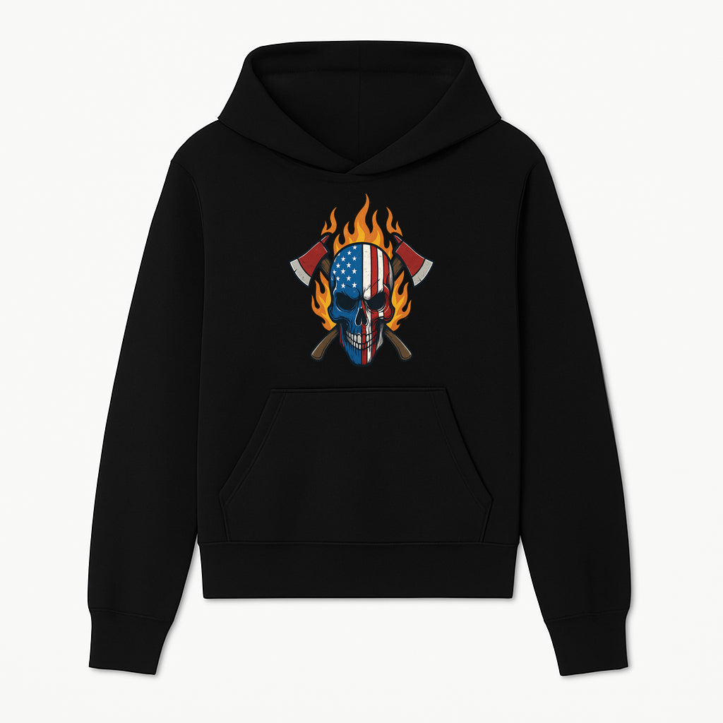 American Skull with Axes and Flames Graphic Tee, Patriotic Skull Design for Men, Edgy Firefighter T-Shirt, Unique Apparel Gift - Hoodie 1757912428577.jpg