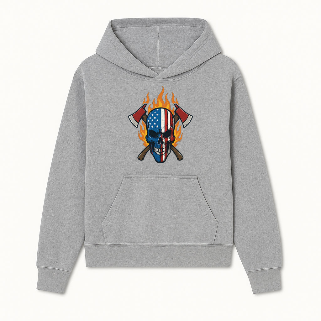 American Skull with Axes and Flames Graphic Tee, Patriotic Skull Design for Men, Edgy Firefighter T-Shirt, Unique Apparel Gift - Hoodie 1757912429031.jpg
