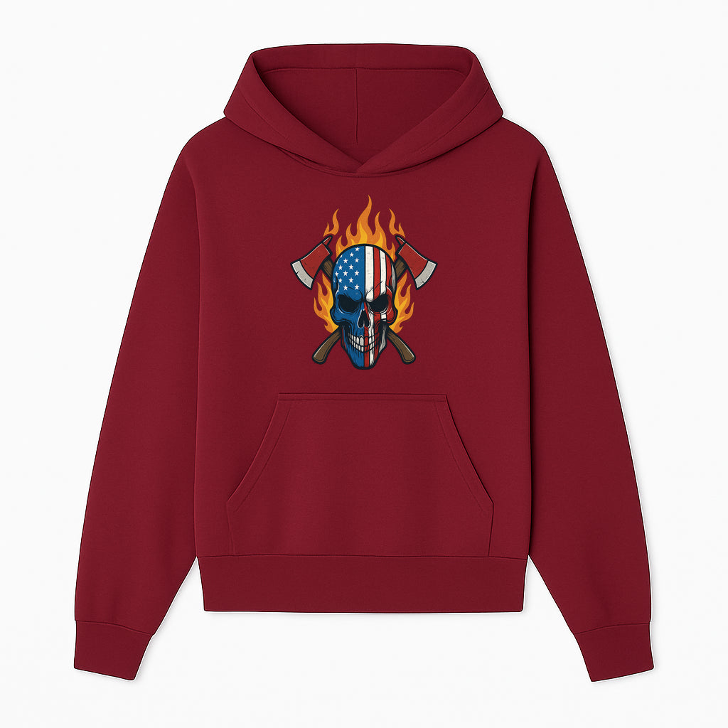 American Skull with Axes and Flames Graphic Tee, Patriotic Skull Design for Men, Edgy Firefighter T-Shirt, Unique Apparel Gift - Hoodie 1757912429605.jpg