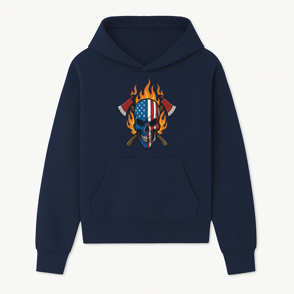 American Skull with Axes and Flames Graphic Tee, Patriotic Skull Design for Men, Edgy Firefighter T-Shirt, Unique Apparel Gift - Hoodie 1757912429770.jpg