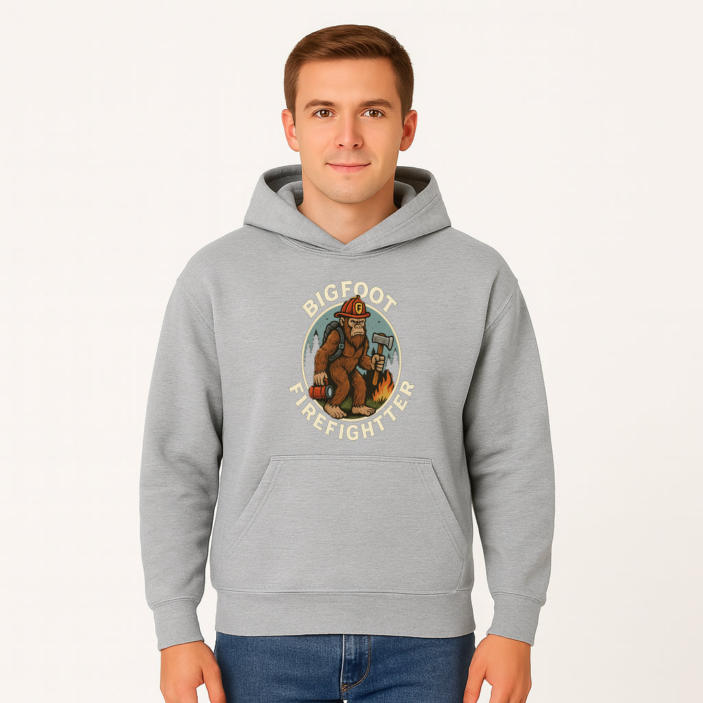 Bigfoot Firefighter T-Shirt | Funny Sasquatch Graphic Tee | Fireman Bigfoot Design | Unique Gift for Firefighters and Nature Lovers - Hoodie 1757912429846.jpg
