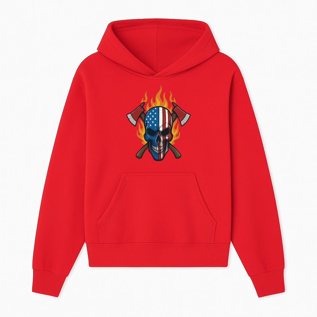American Skull with Axes and Flames Graphic Tee, Patriotic Skull Design for Men, Edgy Firefighter T-Shirt, Unique Apparel Gift - Hoodie 1757912429940.jpg