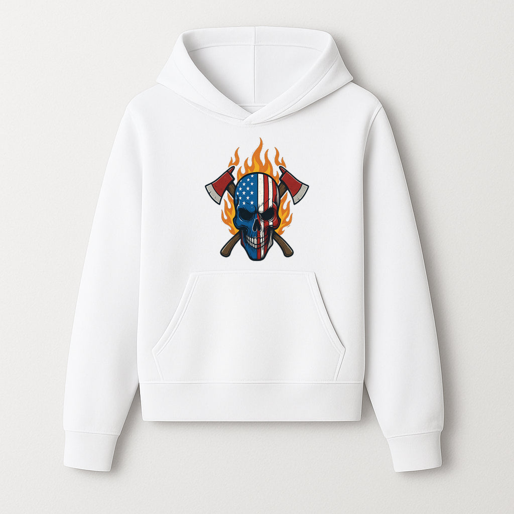 American Skull with Axes and Flames Graphic Tee, Patriotic Skull Design for Men, Edgy Firefighter T-Shirt, Unique Apparel Gift - Hoodie 1757912430221.jpg